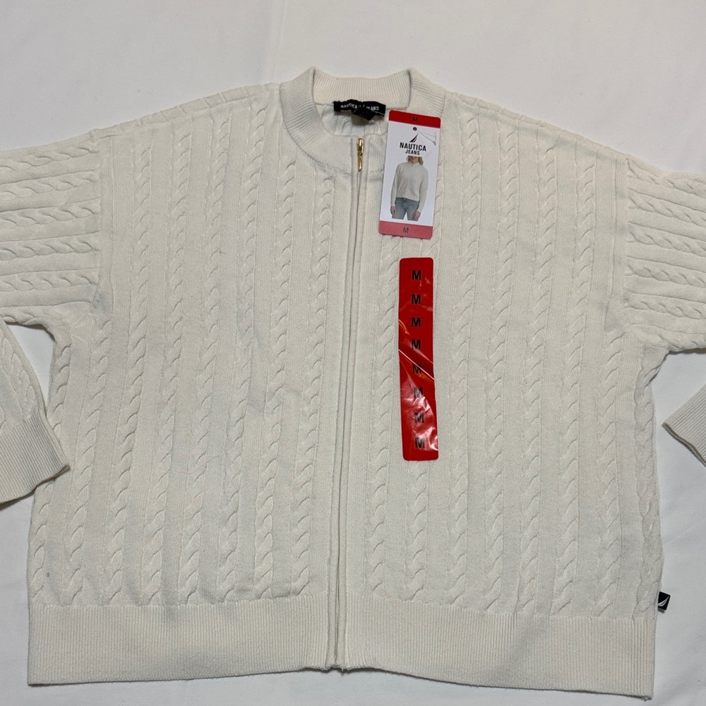 Nautica Jeans Cream Cable Knit Zip-Up Sweater M, L, XL Ivory NWT - Picture 3 of 8